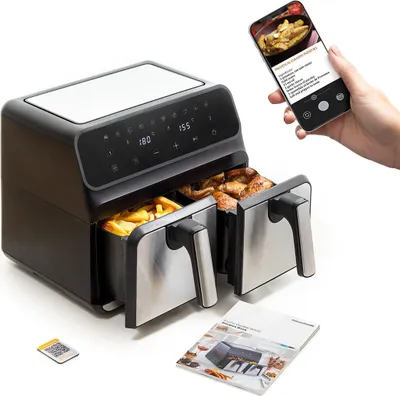 Produktbild von InnovaGoods® Ölfreie Fritteuse 8L, Luftfritteuse 3400W, 100 Rezepte in DE, Luftfritteuse mit 10 Programmen, Touchscreen, Timer und Luftstrom de 360° Luftfritteuse 2 unabhängige Kochzonen de