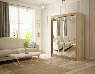 Image de Armoire Elsa 200 cm avec 2 portes coulissantes et miroir, tringle à vêtements, penderie, livraison à domicile (couleur : chêne sonoma)