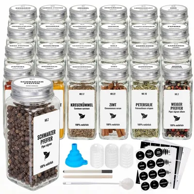 Produktbild von Gewürzgläser Set 24 Stück 120ml Eckig mit Deckel und 384 Etiketten
