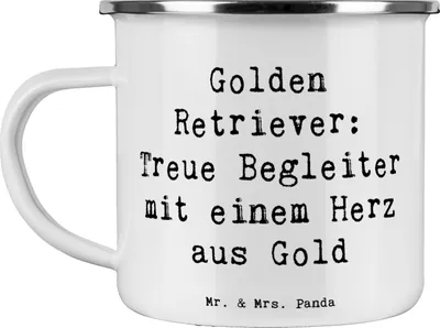 Produktbild von Mr. & Mrs. Panda Emaille Becher Spruch Golden Retriever Freund - Weiß - Geschenk, Hund, Hunderassen Beschreibung, aktiver, intelligenter, Familienhund, Kaffeepott, Tasse