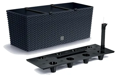 Produktbild von Blumenkasten Planteur Rato Case mit Bewässerung, Anthrazit, aus Kunststoff, in Rattan-Optik, geeignet für Innen- und Außenbereich, 17L, 51,4 x 19,2 x 18,6 cm