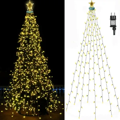 A split image showing a decorative LED Christmas tree light string, with one side showing the lit tree at night and the other side showing the unlit light string and plug against a white background.