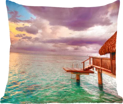 Produktbild von MuchoWow® Zierkissen Sofakissen Wohnzimmer Dekokissen 45x45 cm Bungalow mit Sonnenuntergang auf der Insel Mo'orea - Schlafpolster - Polster für das Sofa