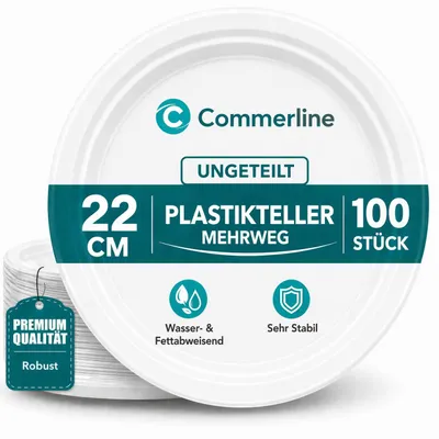 Zdjęcie produktu dla 100 sztuk plastikowych talerzy, niepodzielnych | Wielokrotnego użytku, średnica 22 cm | Można myć w zmywarce, sztućce