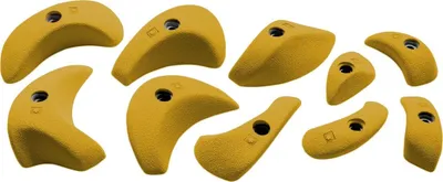 Set von gelben L-Klettergriffen aus Kunststoff von Ocun; geeignet für Kletterwände.