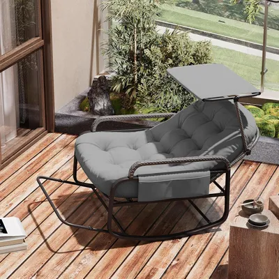 Image de Fauteuil berçant - Fauteuil en rotin - Fauteuil berçant d'extérieur - Transat - Repose-tête réglable - Pare-soleil