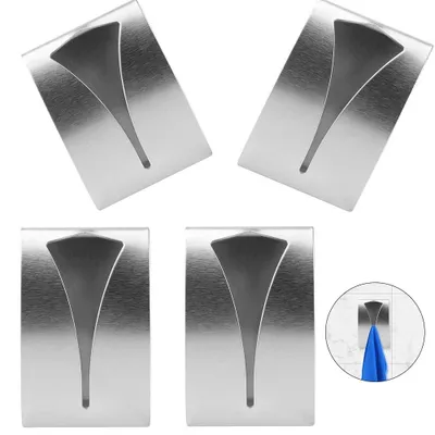 Image de 4 crochets adhésifs pour serviettes, crochets en acier inoxydable, crochets pour torchons, porte-serviettes pour la salle de bains et la cuisine, aucun perçage nécessaire (argent)
