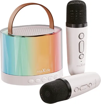 A karaoke speaker and two microphones are displayed against a white background.