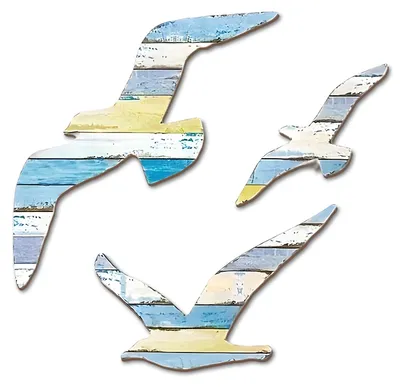 3-teilige Möwen-Wanddeko aus Holz, maritim, 23x18 cm