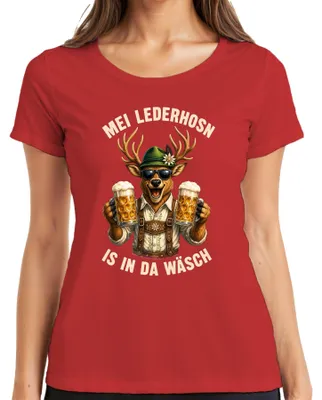 Produktbild von Mei Lederhosn is in da Wäsch Hirsch Bier Trachtenshirt Lederhose Damen T-Shirt, Rot, XL