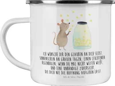 Produktbild von Mr. & Mrs. Panda Haferl Maus Sterne - Weiß - Geschenk, Taufgeschenk, Geburtstag, Lustige Sprüche, Pott, Emaille Tasse, Teetasse, Kindergeburtstag, Träume, Becher