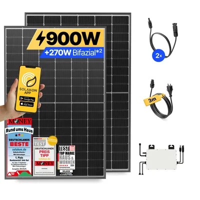 Produktbild von Balkonkraftwerk 900W Solaranlage Steckerfertig Komplettset Photovoltaik Anlage 800W, Kabellänge: 5m, Solakon - onLite