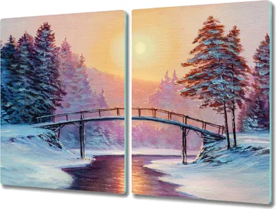 Produktbild von Coloray Herdabdeckplatte 2x40x52 cm Schneidebrett Kochplattenabdeckung Küchenbrett Hackbrett - Gemälde Winter Baumbrücke