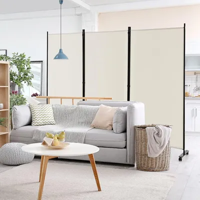 Obrázok produktu pre 262x180 cm Room Divider Screen s valčekmi 3 kusy voľne stojace skladacie španielske steny súkromie obrazovky tkaniny Iron Wall Divider súkromie obrazovky pre spálňu kancelárie (béžová)