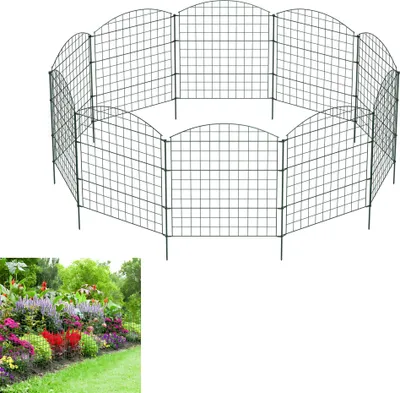 Produktbild von XMTECH Teichzaun Gartenzaun Metall Steckzaun Hundezaun mit 10 Zaunelementen und 12 Befestigungsstäben Gitterzaun Komplettset (Oberbogen, Grün)