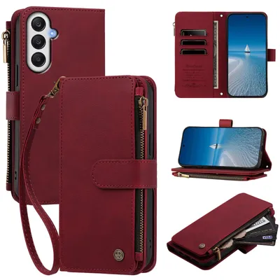 Produktbild von Handyhülle für Samsung Galaxy A05S, Leder Klapphülle mit Kartenfächern, Reißverschlussfach und Handschlaufe Rot