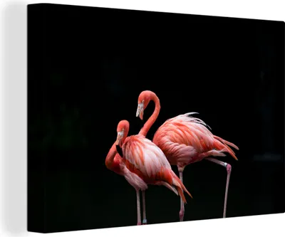 Zdjęcie produktu dla OneMillionCanvasses® - Obrazy na płótnie - 140x90 cm, Dwa flamingi na czarnym tle, grafika ścienna, dekoracja ścienna