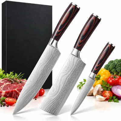 Produktbild von Messer-Set Nakiri (Küchenmesser 20cm, 3-tlg., ergonomischer Griff, rostfrei), 5Cr15MoV Edelstahl, 56–58 HRC, ergonomischer Griff