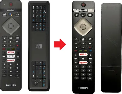 Two Philips TV remote controls are shown side-by-side with a red arrow indicating a change or comparison between them.