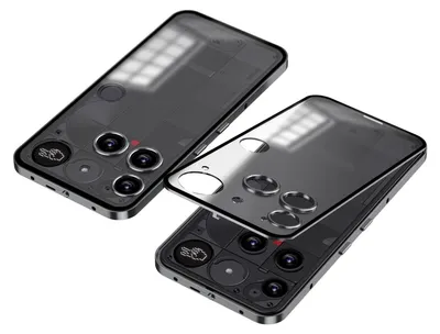 Two transparent phone cases are shown, one slightly lifted to reveal the phone underneath.