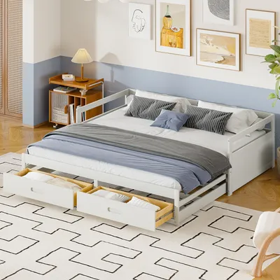 Produktbild von MODFU Schlafsofas 90x200cm/180x190cm mit 2 Schubladen, Ausziehbett Erweiterbares Hausbett mit Lattenrosten(Ohne Matratze), Weiß
