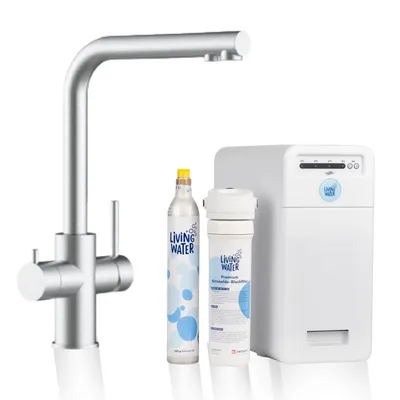 Produktbild von Living Water LivingTap Pro – Sprudel-Wasserhahn mit Kohlensäure, Untertisch-Trinkwassersystem mit 5-Wege-Edelstahlarmatur | L-Auslauf
