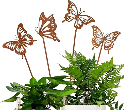 Produktbild von 4er-Set Schmetterlinge als Gartenstecker aus Metall, Rostoptik, wetterfeste Gartendeko für draußen, Balkon, Beet und Blumentopf
