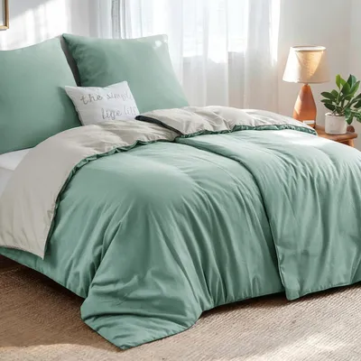 Produktbild von Bettwäsche-Set 135x200 cm 4-teilig Salbeigrün Beige Mikrofaser Wendebettwäsche mit Reißverschluss