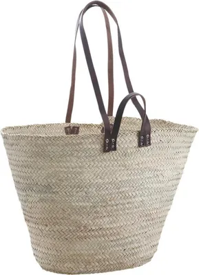 Produktbild von Naturbelassener Palmkorb + Leder-Tragegurte und Griffe 70 cm