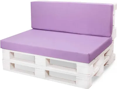 A pallet sofa with purple cushions on a white background.