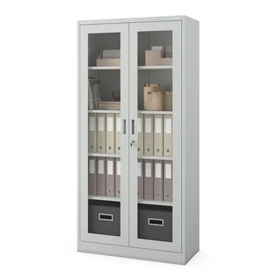 Produktbild von Aktenschrank Medizinschrank Büroschrank Flügeltürschrank Glasvitrine 4 Fachböden Stahl Abschließbar 185 cm x 90 cm x 40 cm Farbe: Grau