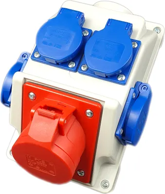 Produktbild von Kombi Wandsteckdose 16A 5P mit 4x 230V Schuko. CEE Steckdose 16A. Starkstrom Steckdose IP44 für den Innen- und Außenbereich. PCE-Komponenten