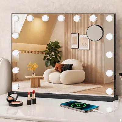 Produktbild von Puluomis Kosmetikspiegel Hollywood 58x45cm, Schminkspiegel mit Beleuchtung, 15 LED 3 Farben Dimmbar mit USB,10 fach Vergrößen, Wandspiegel schwarz