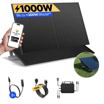 Produktbild von Balkonkraftwerk 1000W Solaranlage mit Garten Halterung Steckerfertig Komplettset Photovoltaik Anlage 800W, Kabellänge: 10m, Solakon - onBasic