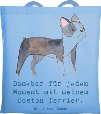 Produktbild von Mr. & Mrs. Panda Schultasche Boston Terrier Moment - Sky Blue - Geschenk, Laptoptasche, totebag, Tasche, Jutebeutel, Uni, Tote Bag