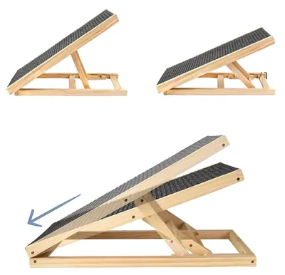 Zdjęcie produktu dla Rampa dla zwierząt domowych, wykonana z drewna sosnowego, regulowana wysokość, długość 70 cm, powierzchnia antypoślizgowa, maksymalne obciążenie 80 kg