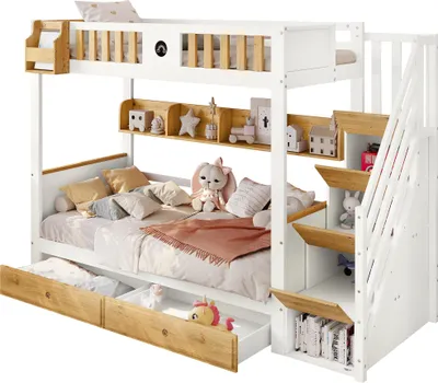 Produktbild von Etagenbett mit 2 Liegeflächen, Schubladen und Lattenrost, 90x200cm, Kinderbett mit Rausfallschutz, Kiefer