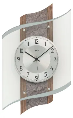 Produktbild von AMS. Wanduhr 5518, Funk, Holzgehäuse mit Nussbaum-Dekor und Naturstein