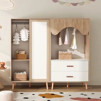 Image de Sweiko Garde-robe pour enfants, garde-robe à portes coulissantes + garde-robe ouverte, garde-robe combinée, ensemble pour chambre d'enfant, meuble combiné, combinaison de couleurs blanc + bois naturel, hauteur 141,5 cm