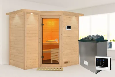 Produktbild von Karibu Sauna Innensauna Sahib 2 Eckeinstieg Ofen 9 KW externe Strg easy 264x198x214 cm mit Dachkranz  mit Bronzierter Tür
