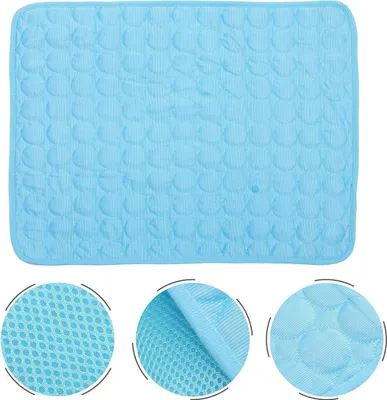 A light blue pet cooling mat is shown from a top-down view. Three close-up circular insets show the texture of the mat.