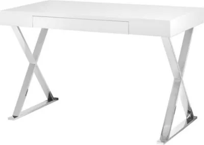 A white desk with silver X-shaped legs against a white background.