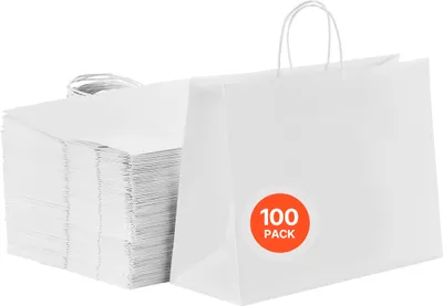 Produktbild von VEVOR Papiertragetaschen, 100er-Pack, Kraftpapiertüten mit Henkel, 406x152x308 mm, große wiederverwendbare Geschenktüten, Einkaufstaschen, für Geburtstage, Hochzeiten, Einkäufe, Geschenke, weiß