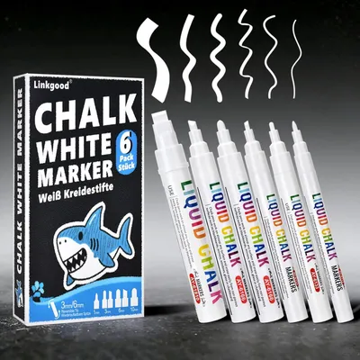 Produktbild von Flüssige Kreidemarker Set, weiß, 6 Stück, abwaschbar, für Glas und Fenster