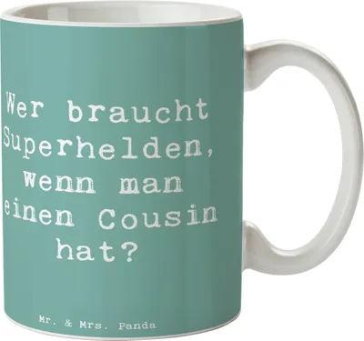 Produktbild von Mr. & Mrs. Panda Tasse mit Spruch Spruch Cousin Held - Meeresbrise - Geschenk, Verwandtschaft, Cousins, Pott, Kaffeebecher, Verwandte, Teetasse, persönliche Erinnerungen