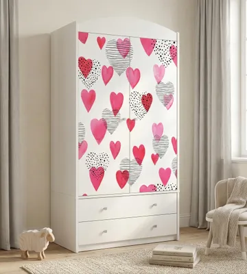 Image de Armoire pour enfant blanche 88 x 187 cm avec 2 tiroirs et une tringle, meuble de chambre d'enfant spacieux, autocollants colorés, cœurs, princesse