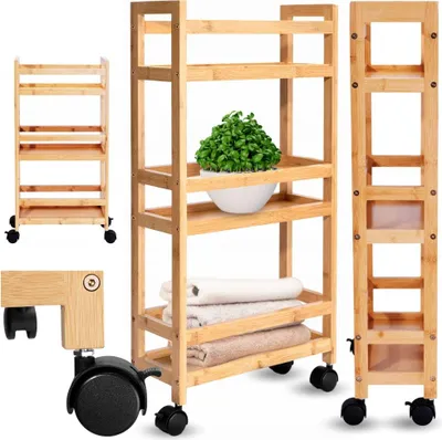 Produktbild von Badezimmerregal, Küchenregal, Schrank auf Rollen, Bambus, schmal, Holz