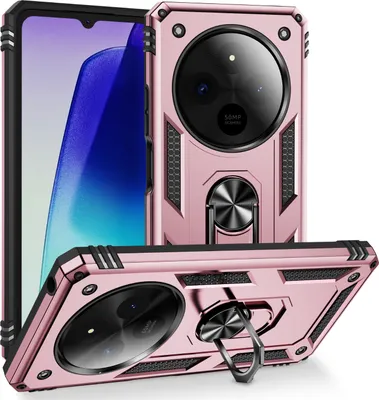 Produktbild von Schutzhülle für Xiaomi Redmi 14C Dual Layer Robust Militäre Fallschutz Hülle mit Ringhalterung Ständer Roségold