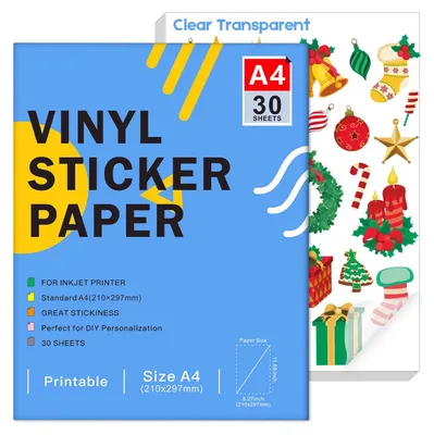 Image de Papier adhésif vinyle A4 - Transparent/résistant à l'eau - Auto-adhésif - 30 feuilles - Compatible avec les imprimantes à jet d'encre et laser - Couleurs vives - Papier pour autocollants