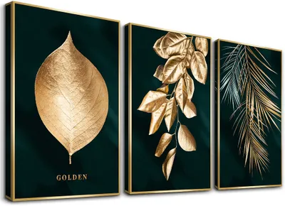 Produktbild von Obraz 120x80 cm zarámovaný zeleným pozadím a zlatými listy obrázky na plátně značkové umělecké tisky 4414